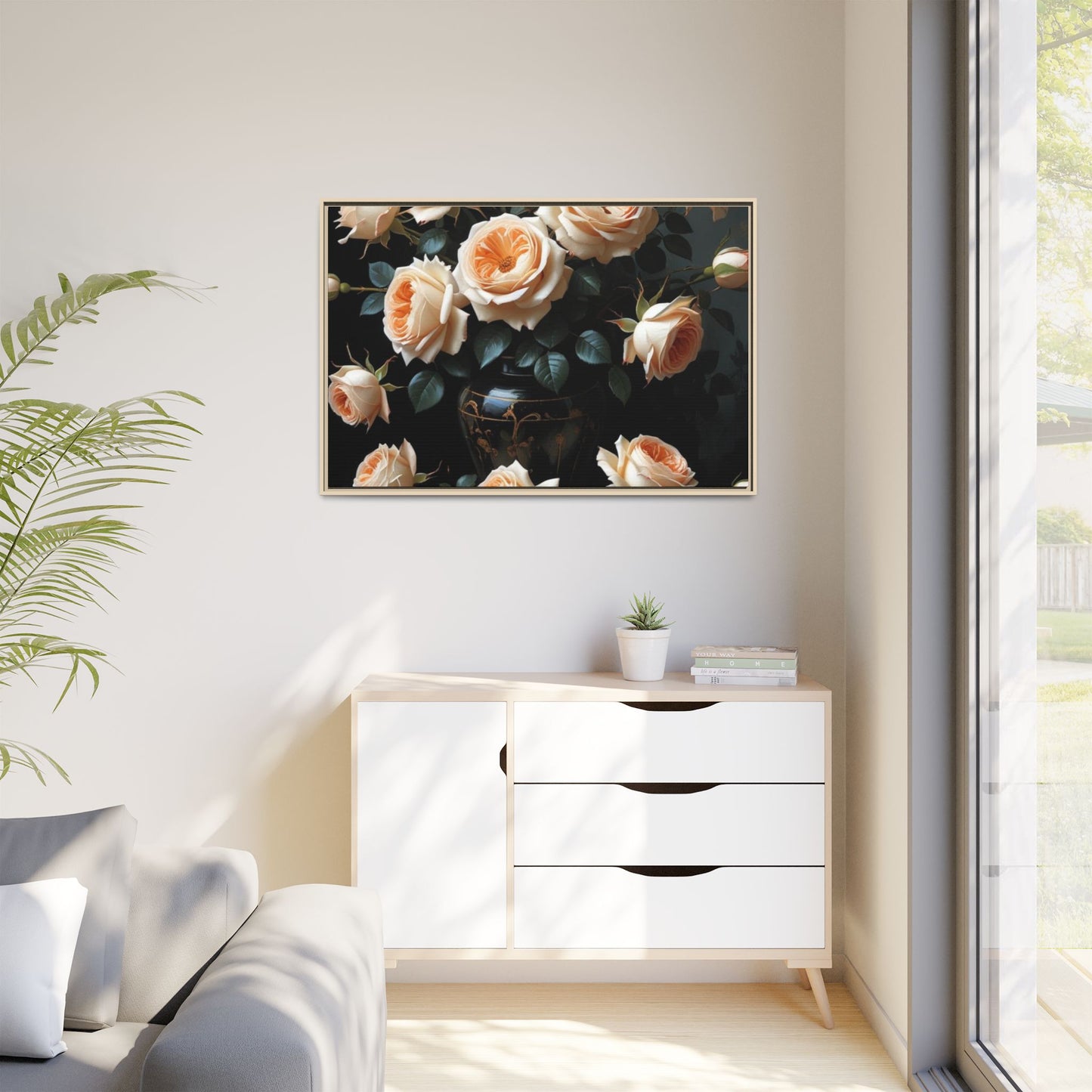 Peach Roses in Black Vase Floral Framed Matte Canvas Print