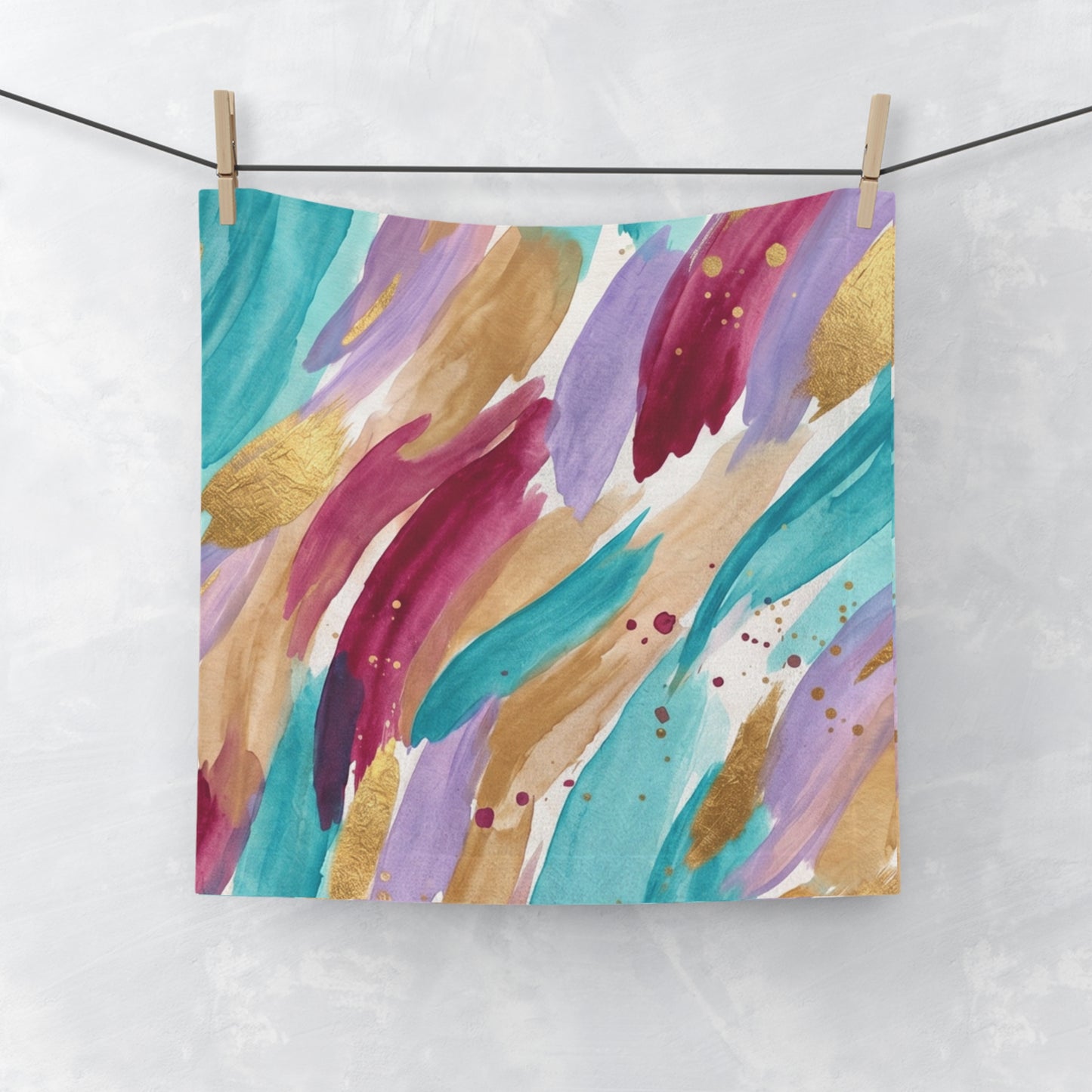Abstract Watercolor Face Towel — Teal, Purple & Gold Brushstroke Pattern