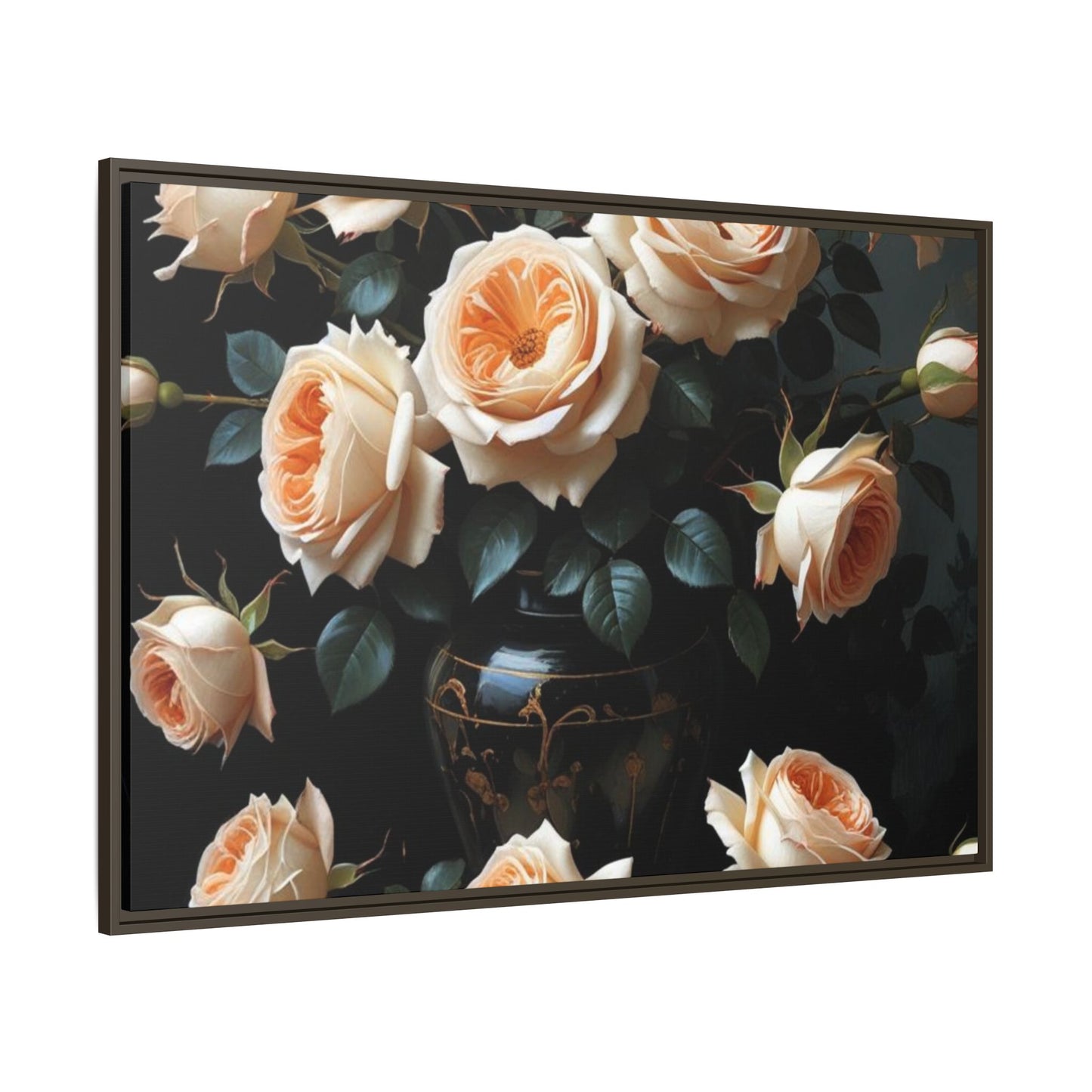 Peach Roses in Black Vase Floral Framed Matte Canvas Print