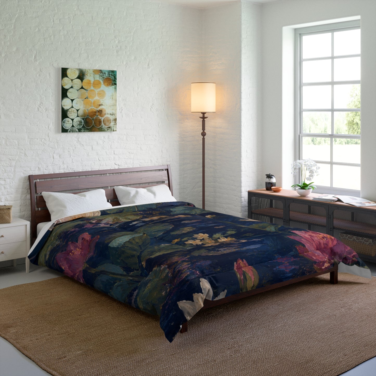 Dark Blue Lotus Pond - Floral Bedspread