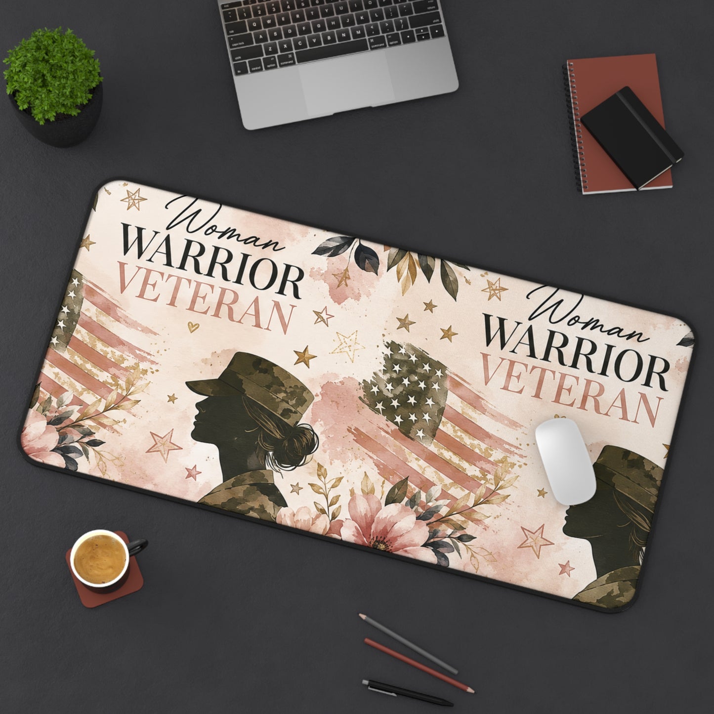 Woman Warrior Veteran Desk Mat — Feminine Patriotic Military Mouse Pad
