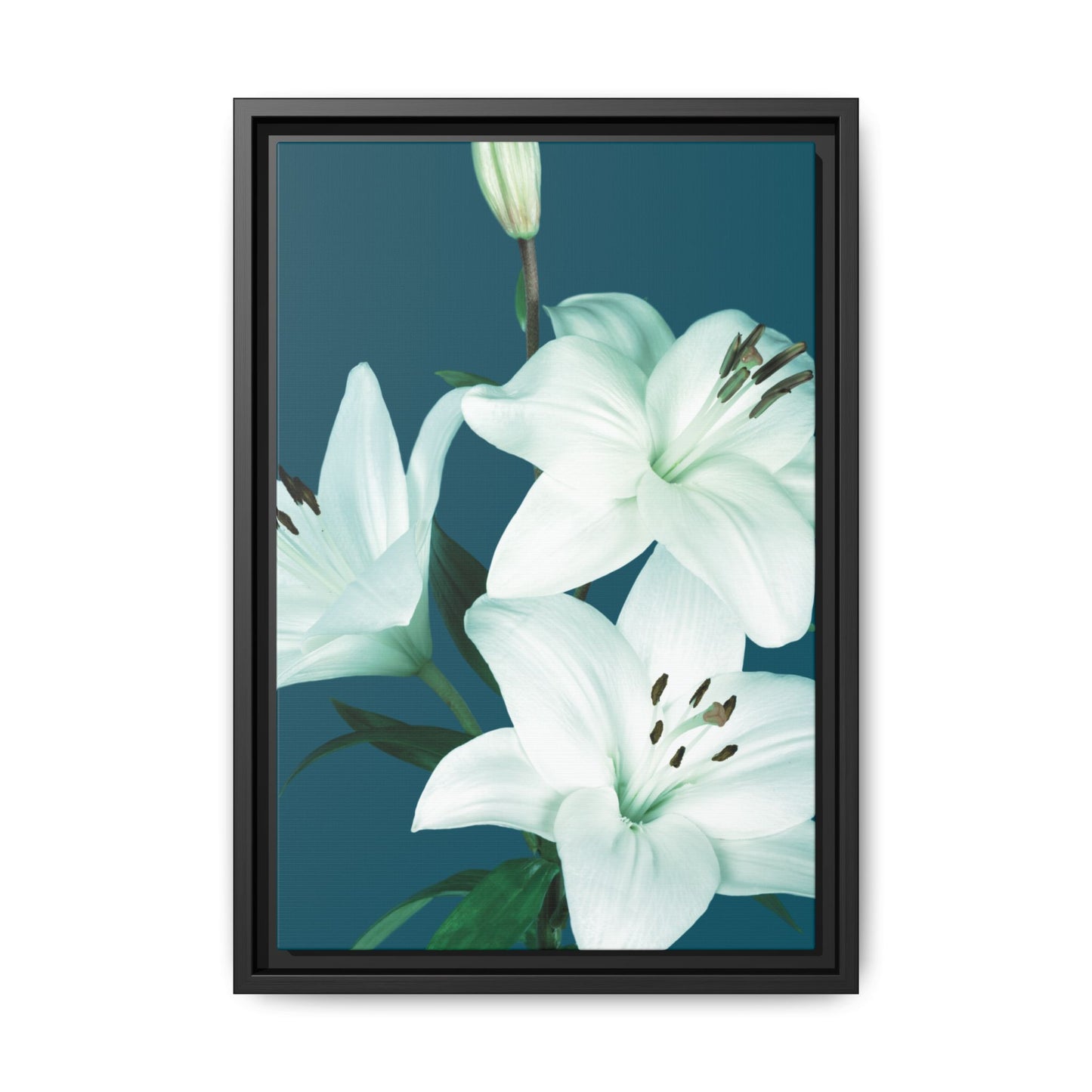 Teal Wave White Lily Botanical Framed Canvas Print