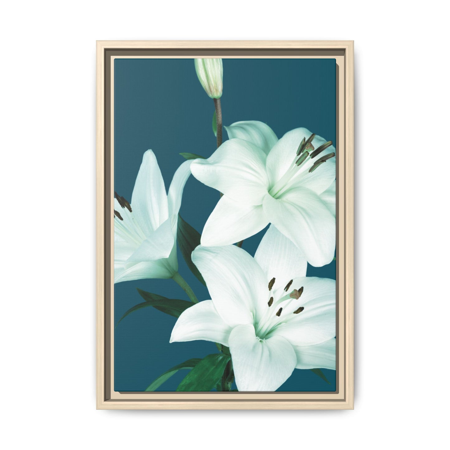Teal Wave White Lily Botanical Framed Canvas Print