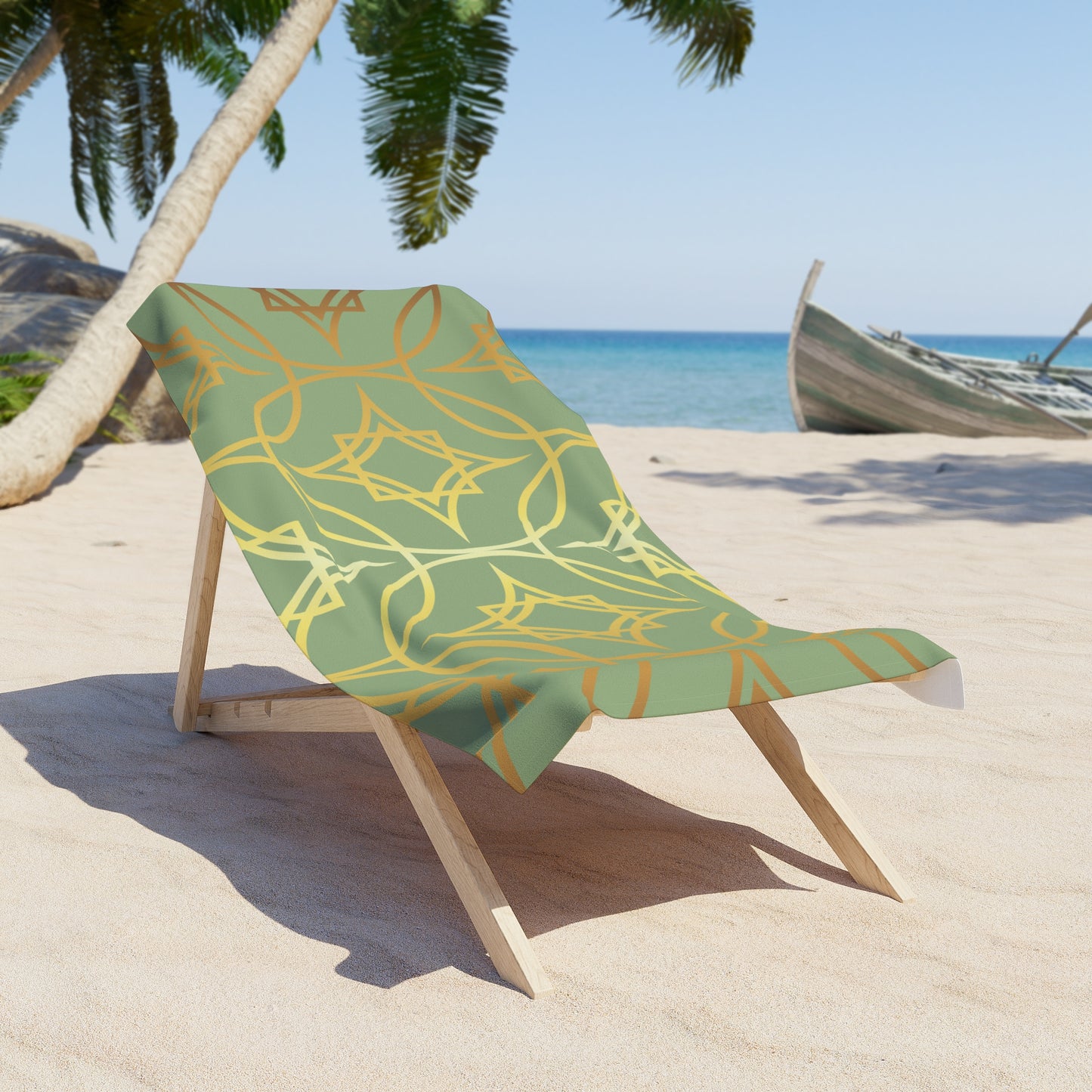 Gilded Geometric Beach Towel — Sage & Gold Star Pattern