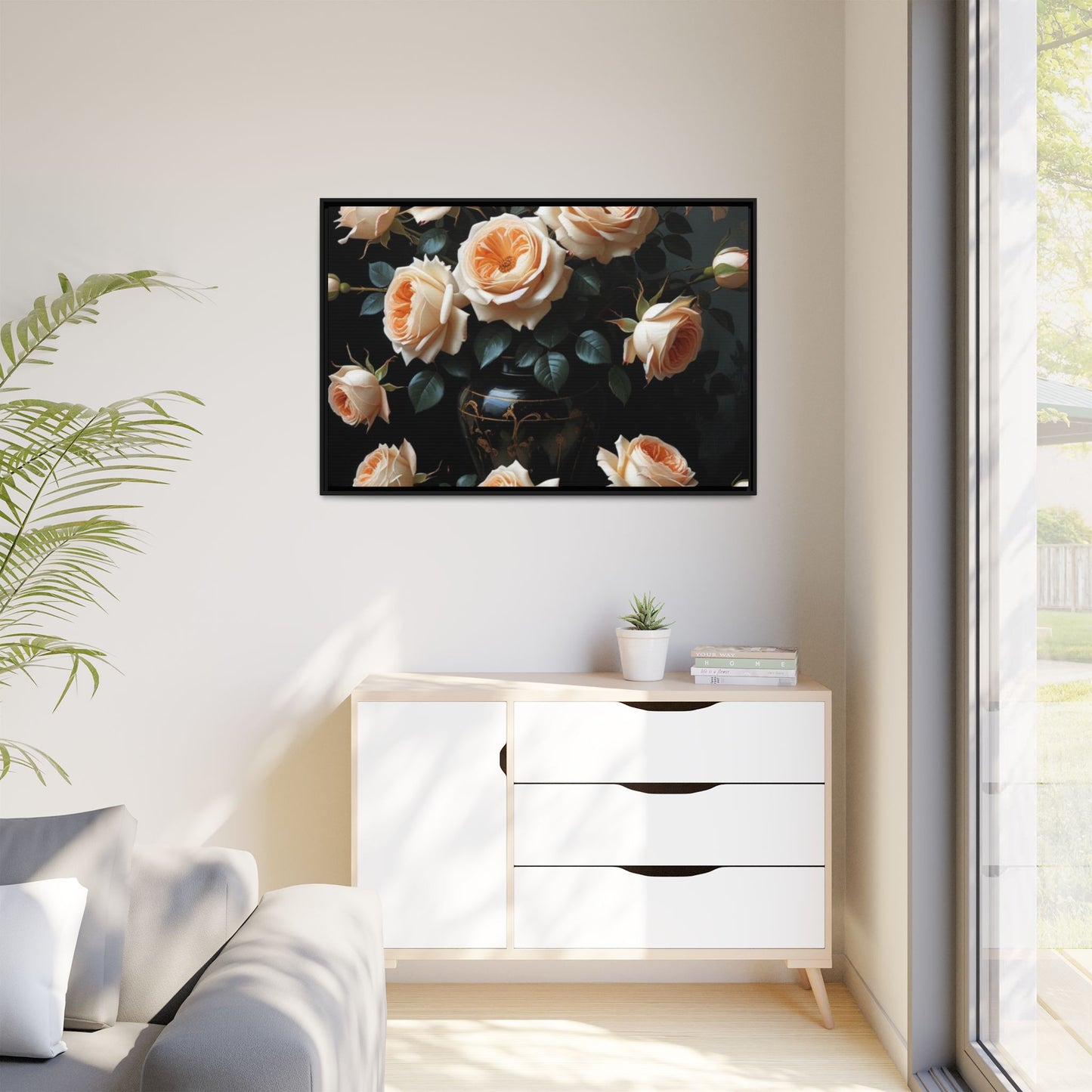 Peach Roses in Black Vase Floral Framed Matte Canvas Print