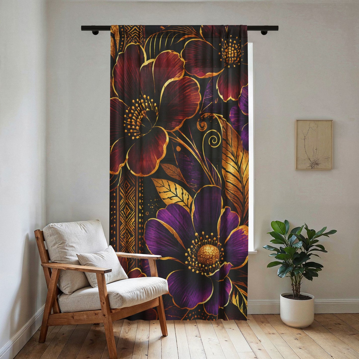 Zuri Garden Sheer Curtain — Jewel-Tone Floral Window Panel with Gold Accents