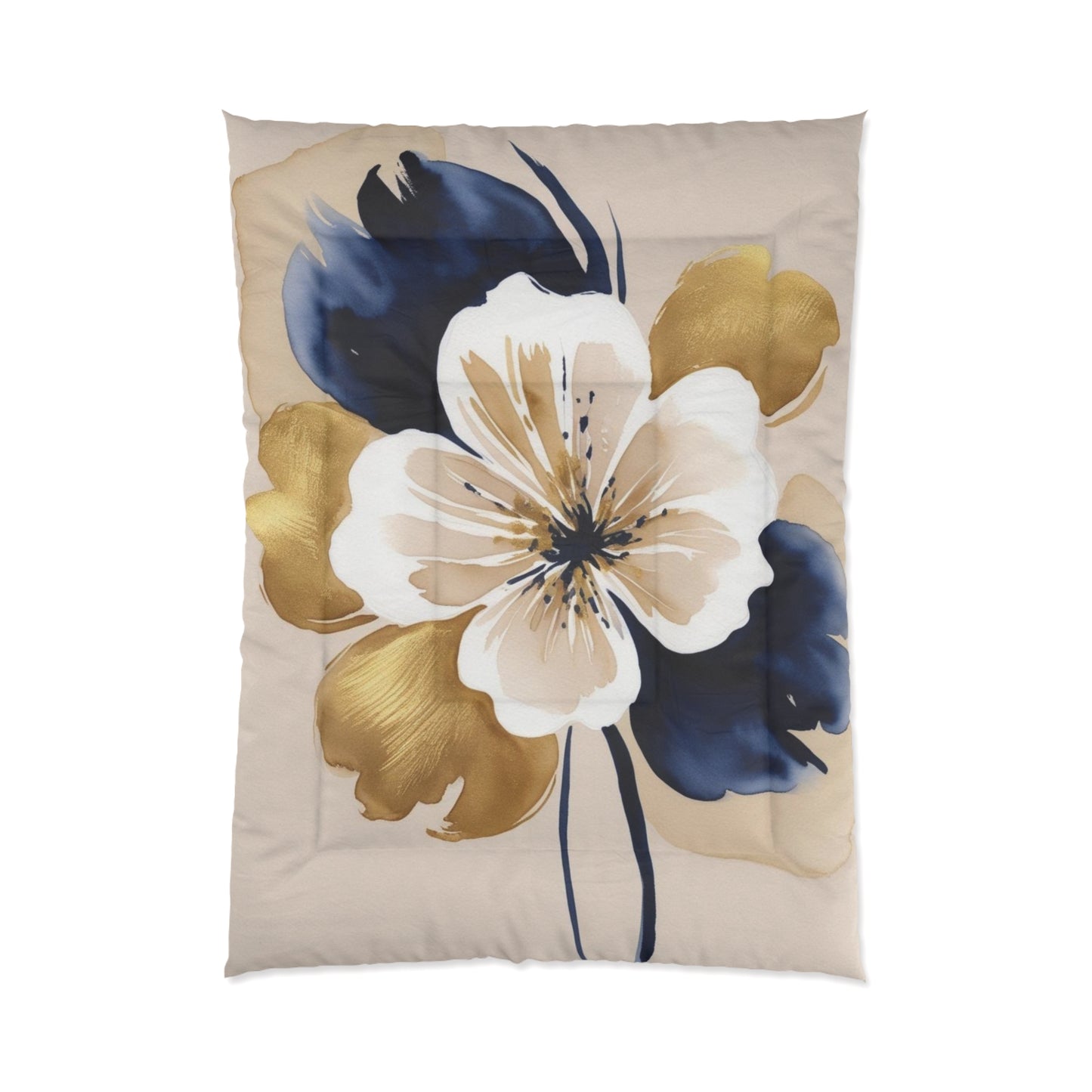 Floral Gold & Navy Comforter – Large Watercolor Blossom Bedding