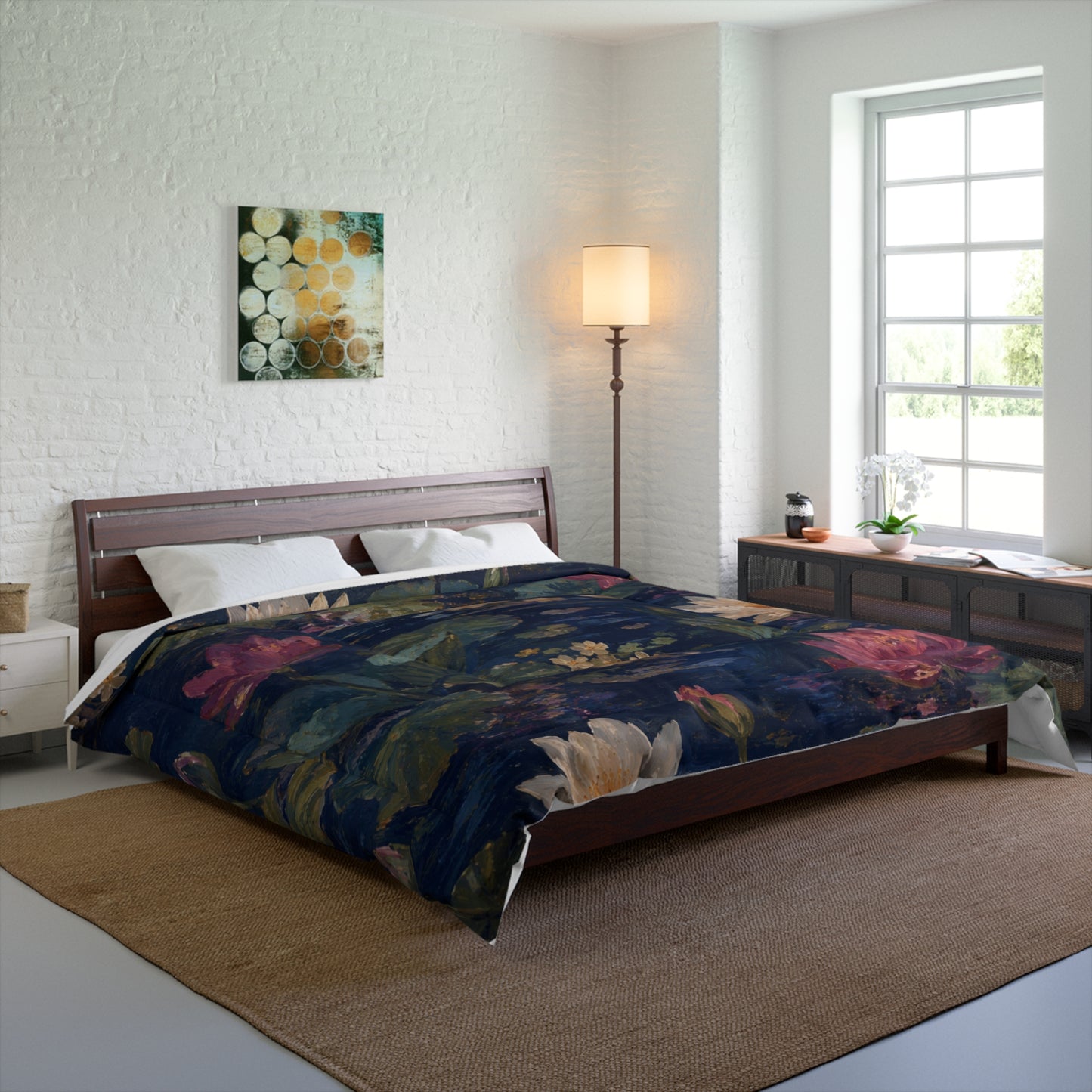 Dark Blue Lotus Pond - Floral Bedspread
