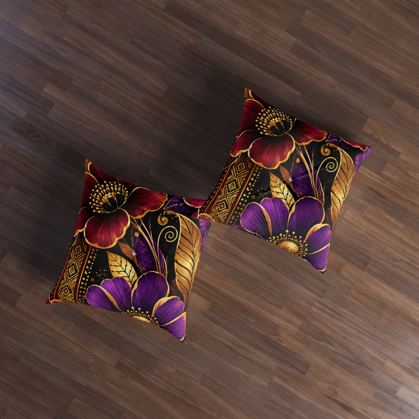 Zuri Garden Tufted Floor Pillow — Purple & Gold Decorative Cushion