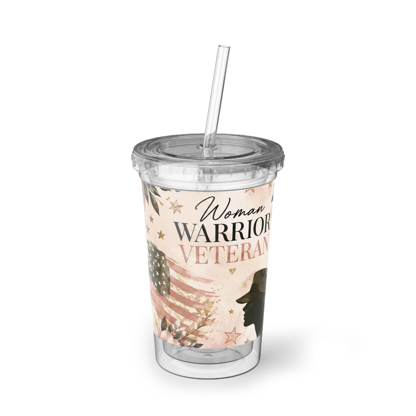 Woman Warrior Veteran Acrylic Tumbler — Patriotic Floral Suave Cup