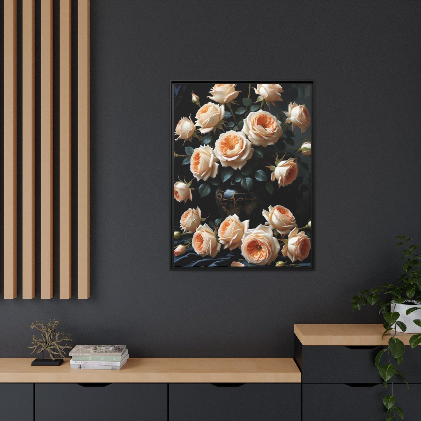 Peach Roses in Black Vase Floral Framed Matte Canvas Print