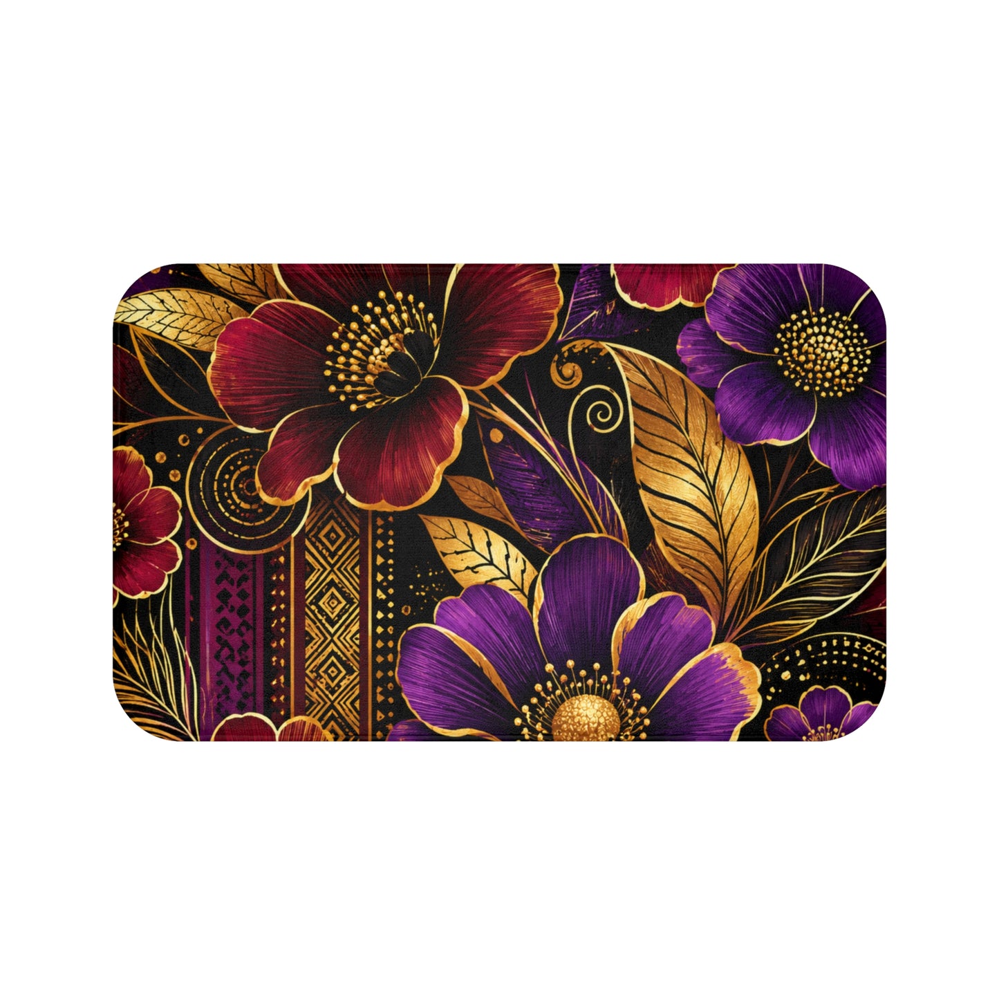 Zuri Garden Bath Mat – Plush Non-Slip Floral Bath Rug in Burgundy, Gold, Black & Purple