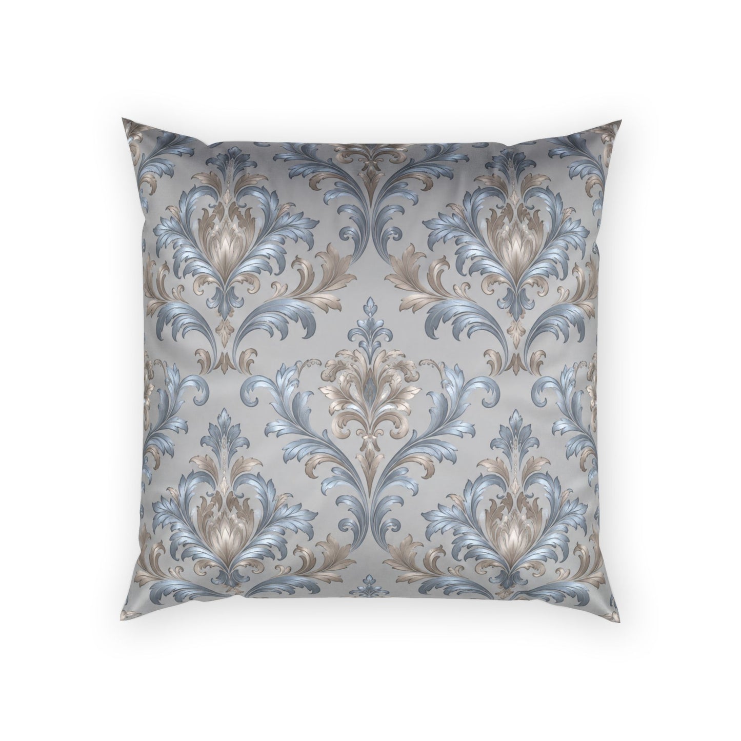 Elegant Blue Gray Damask Motif Velvet Pillow — Luxurious Decorative Throw Cushion