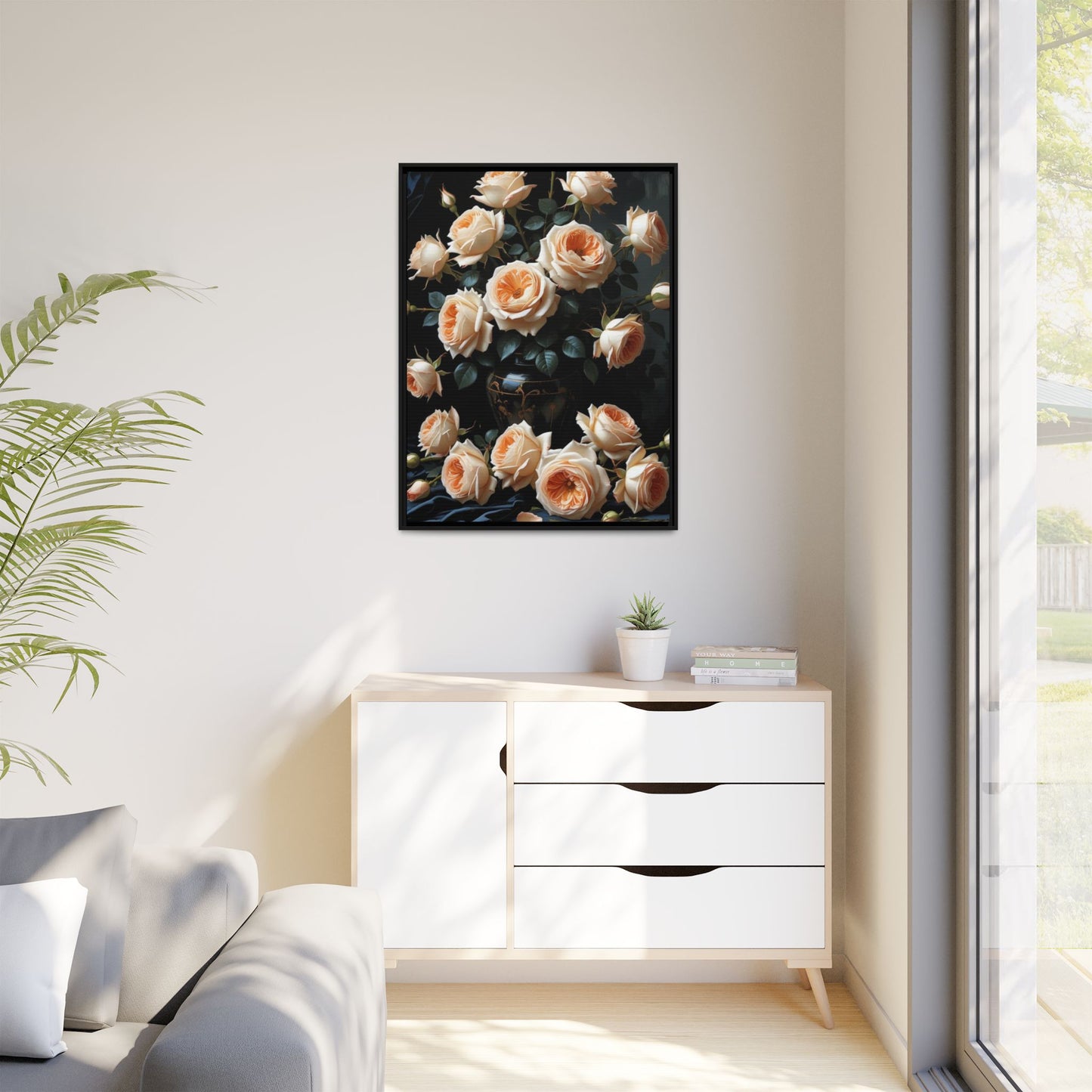 Peach Roses in Black Vase Floral Framed Matte Canvas Print