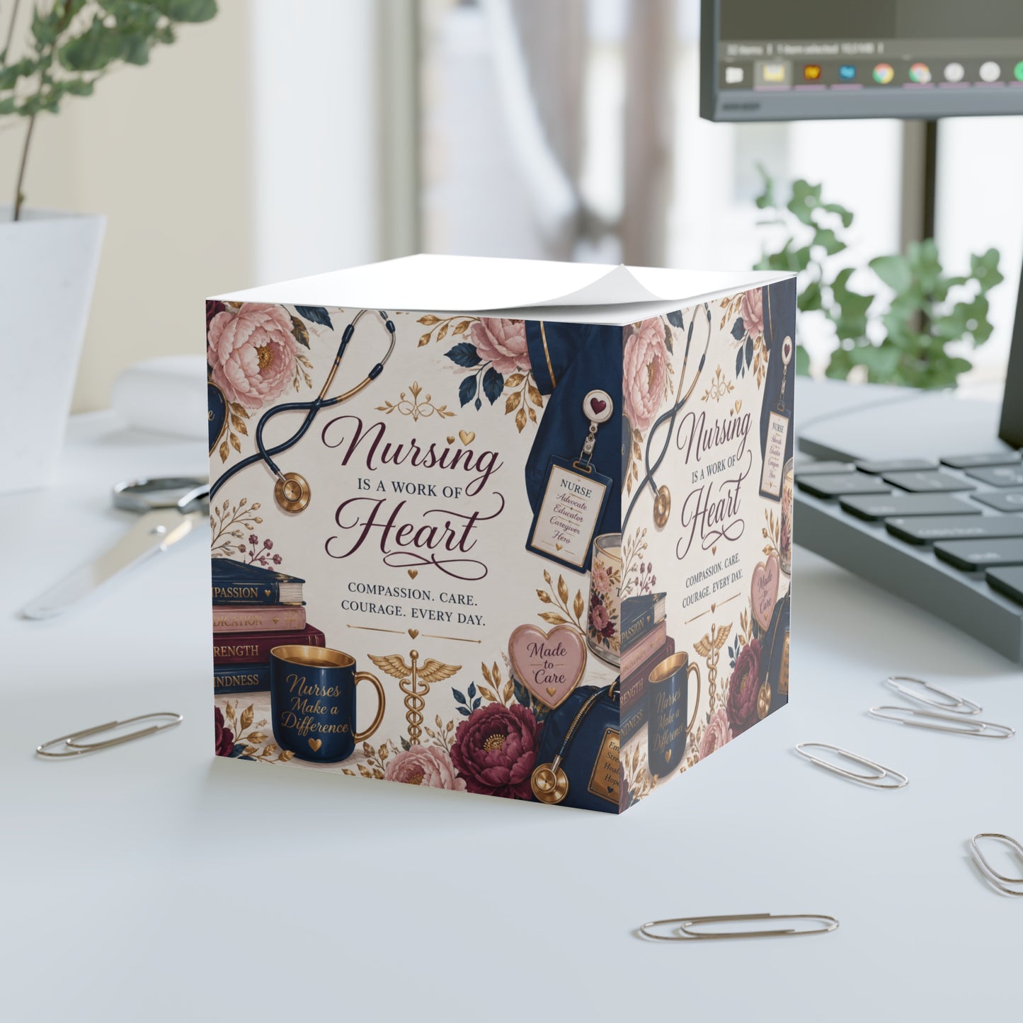 Nursing Is a Work of Heart Note Cube – Floral Nurse Appreciation Memo Pad