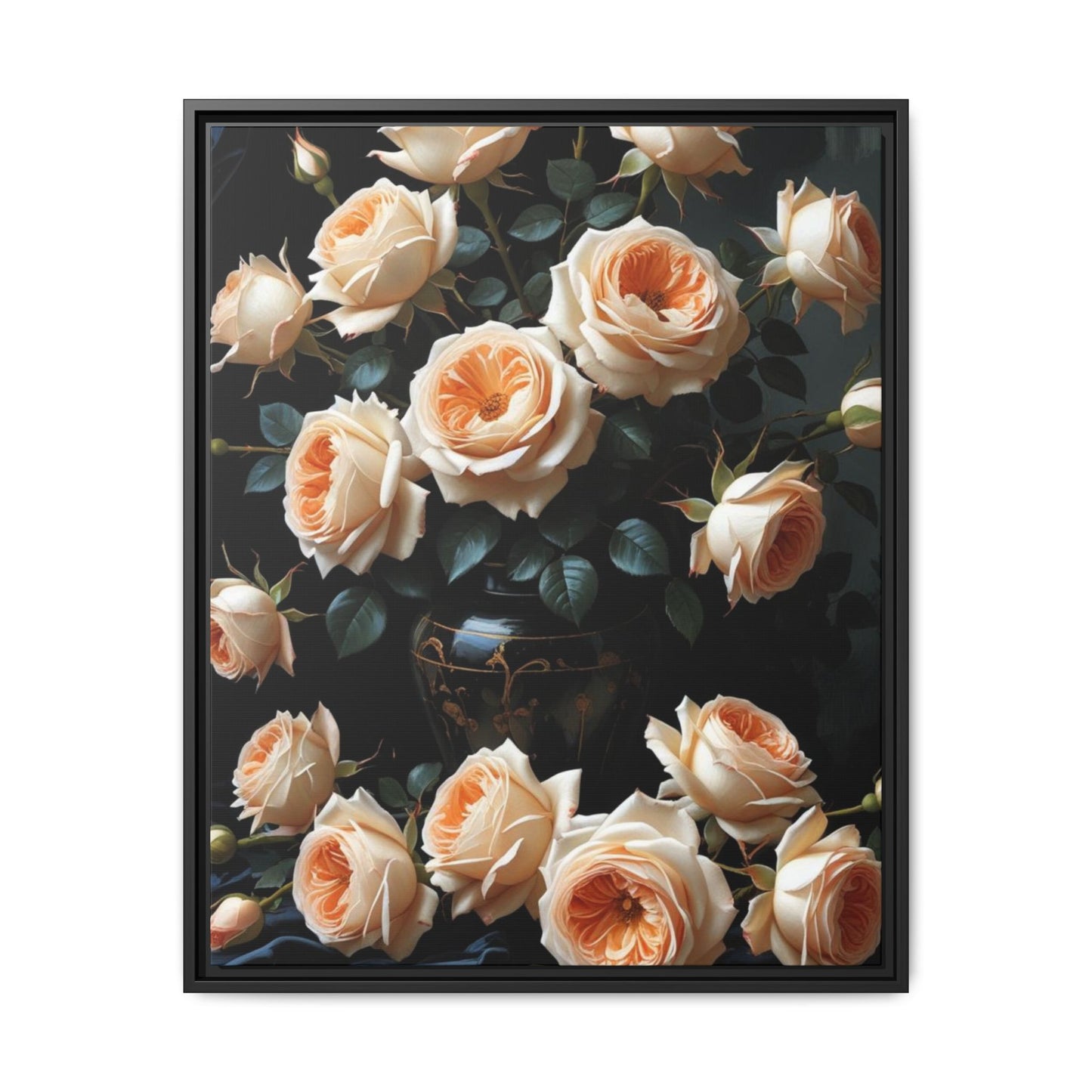 Peach Roses in Black Vase Floral Framed Matte Canvas Print
