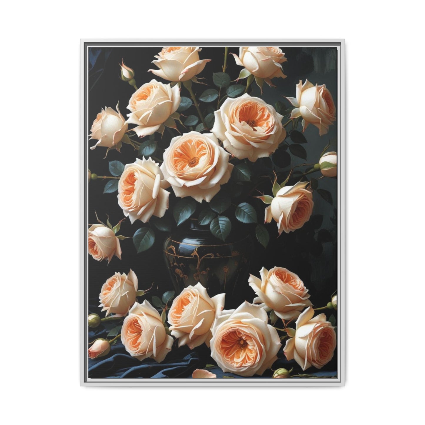 Peach Roses in Black Vase Floral Framed Matte Canvas Print