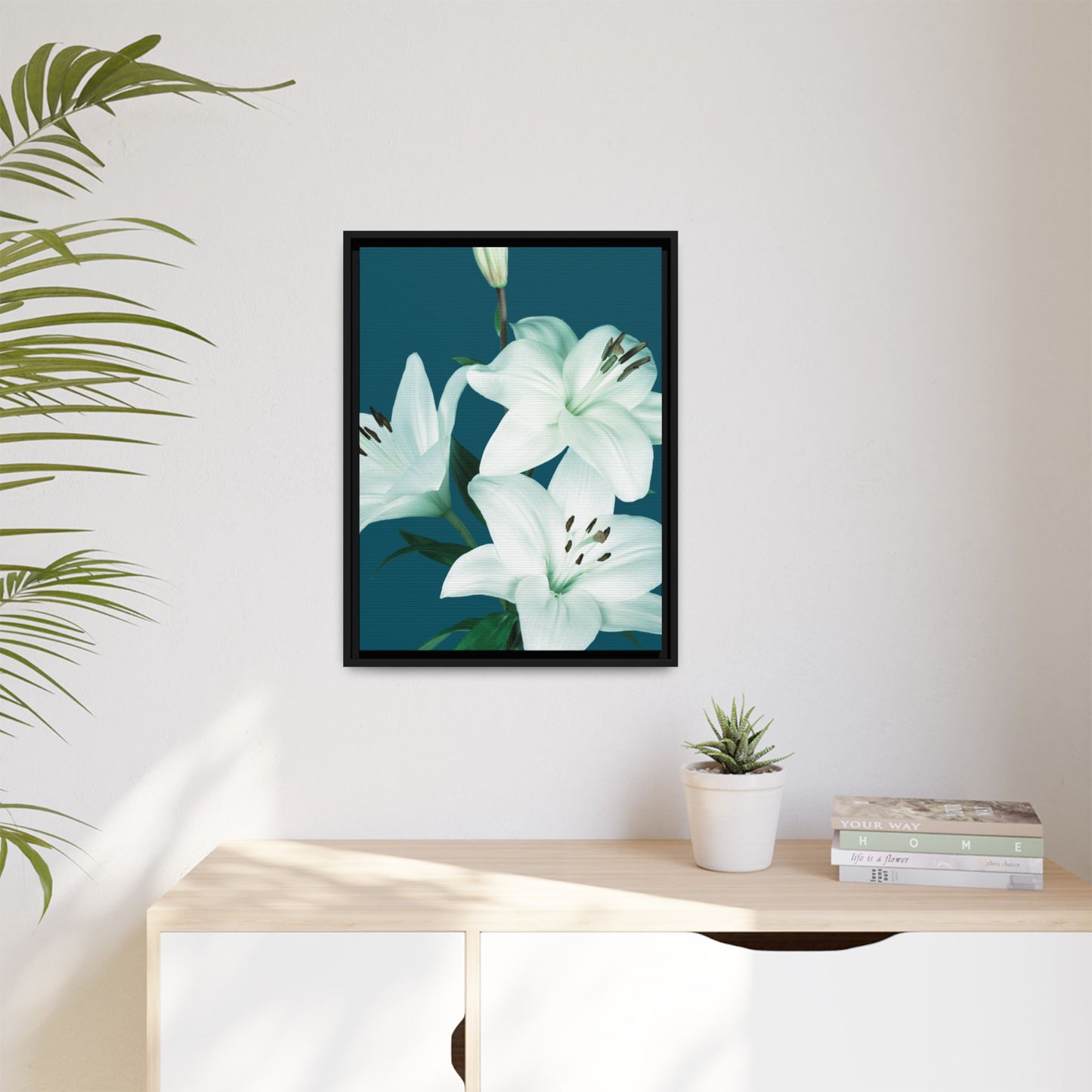Teal Wave White Lily Botanical Framed Canvas Print