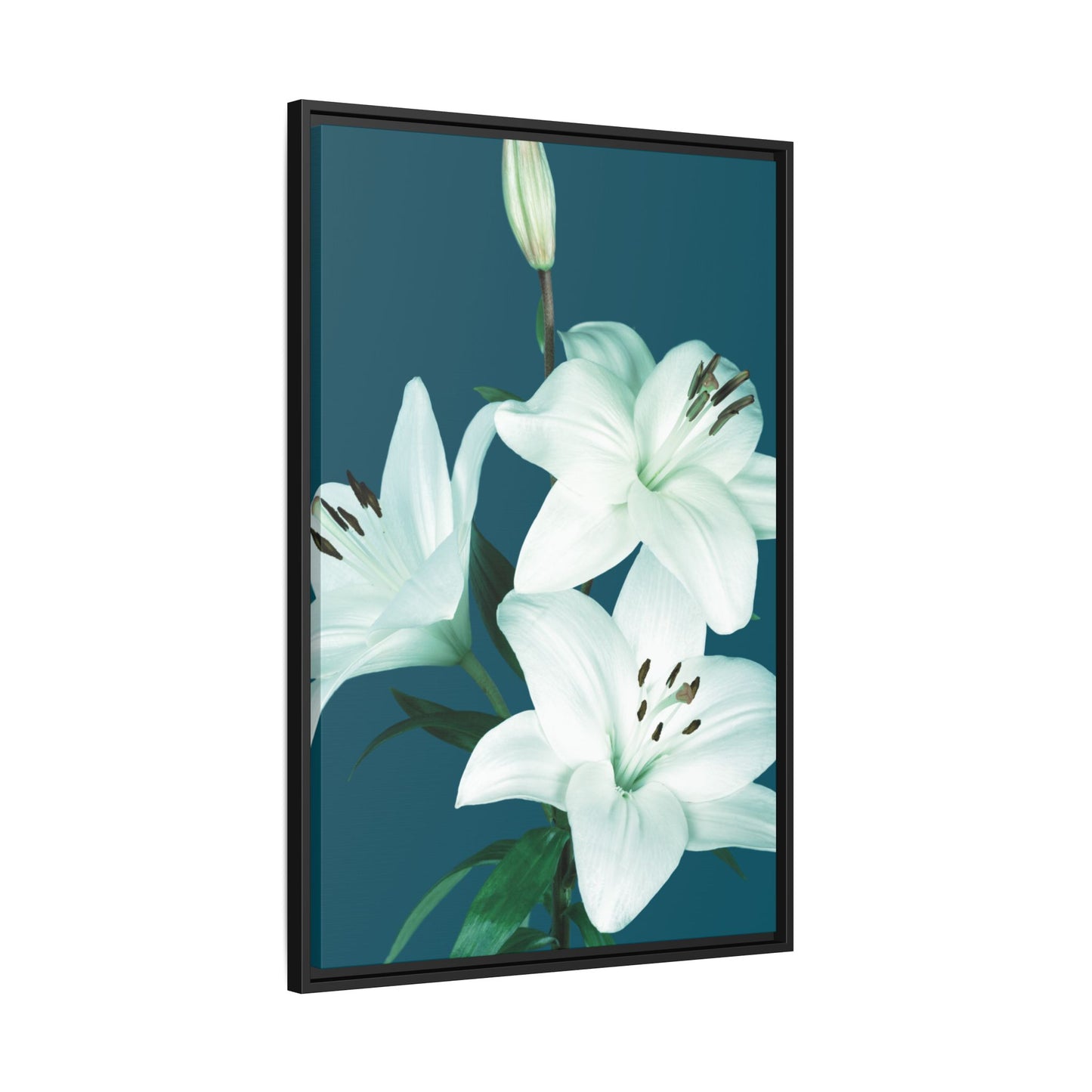 Teal Wave White Lily Botanical Framed Canvas Print