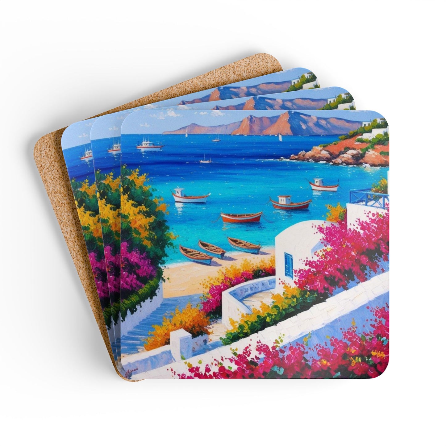 Grecian Seaside Corkwood Coaster Set