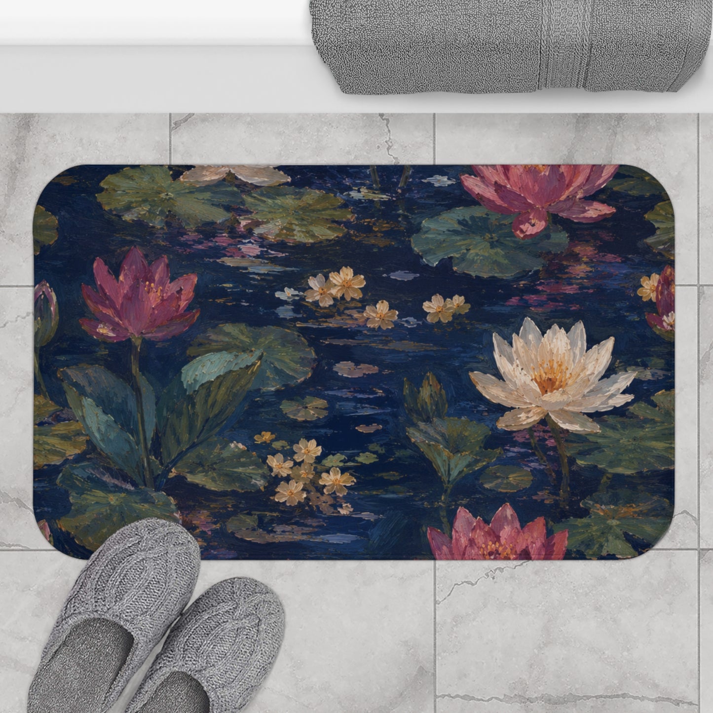 Dark Blue Lotus Pond Bath Mat