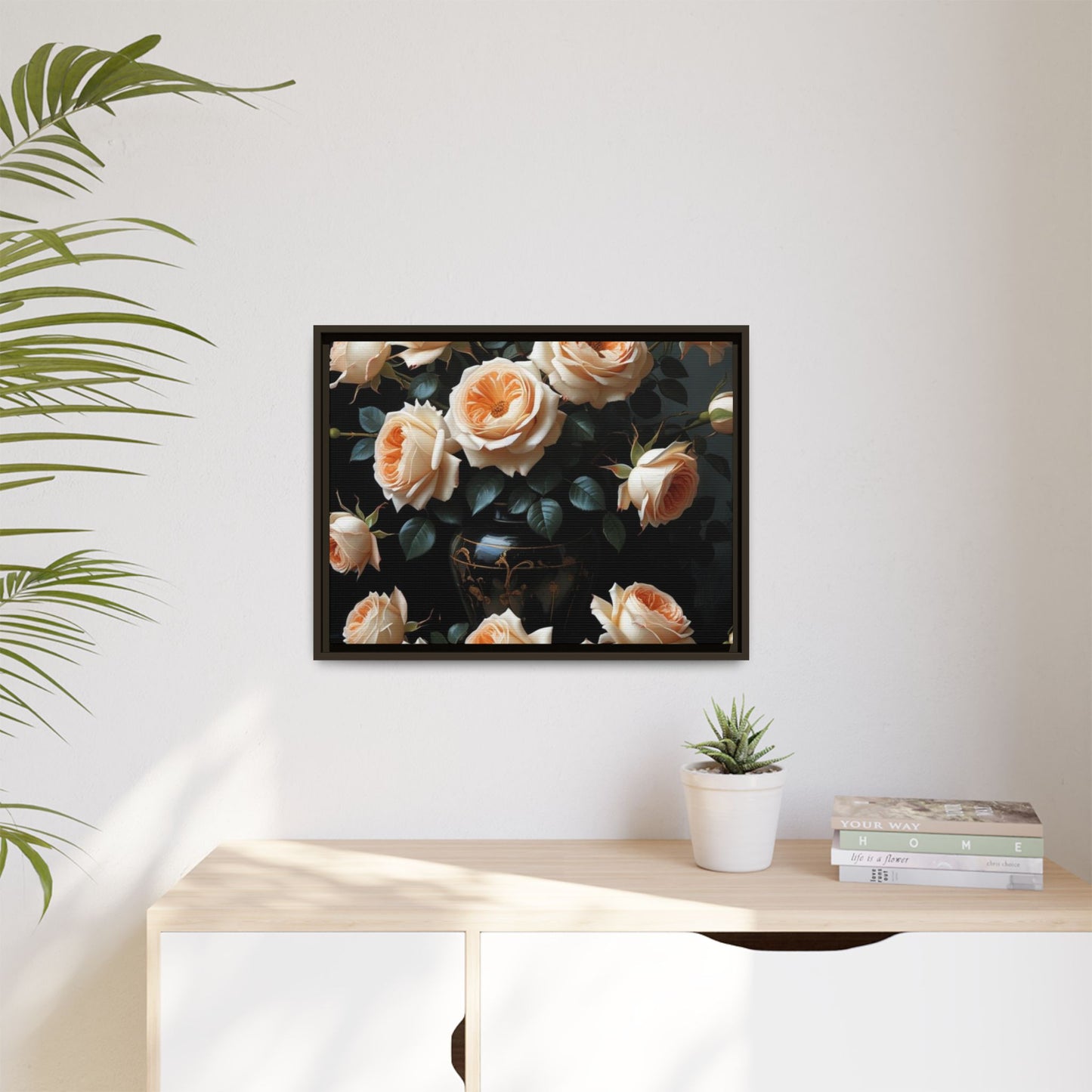 Peach Roses in Black Vase Floral Framed Matte Canvas Print