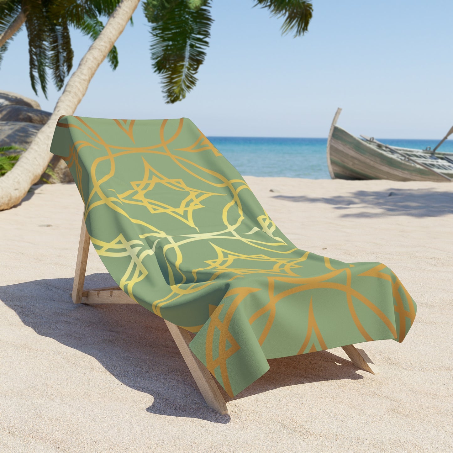 Gilded Geometric Beach Towel — Sage & Gold Star Pattern