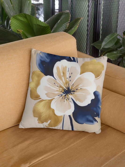 Floral Gold & Navy Faux Suede Square Pillow