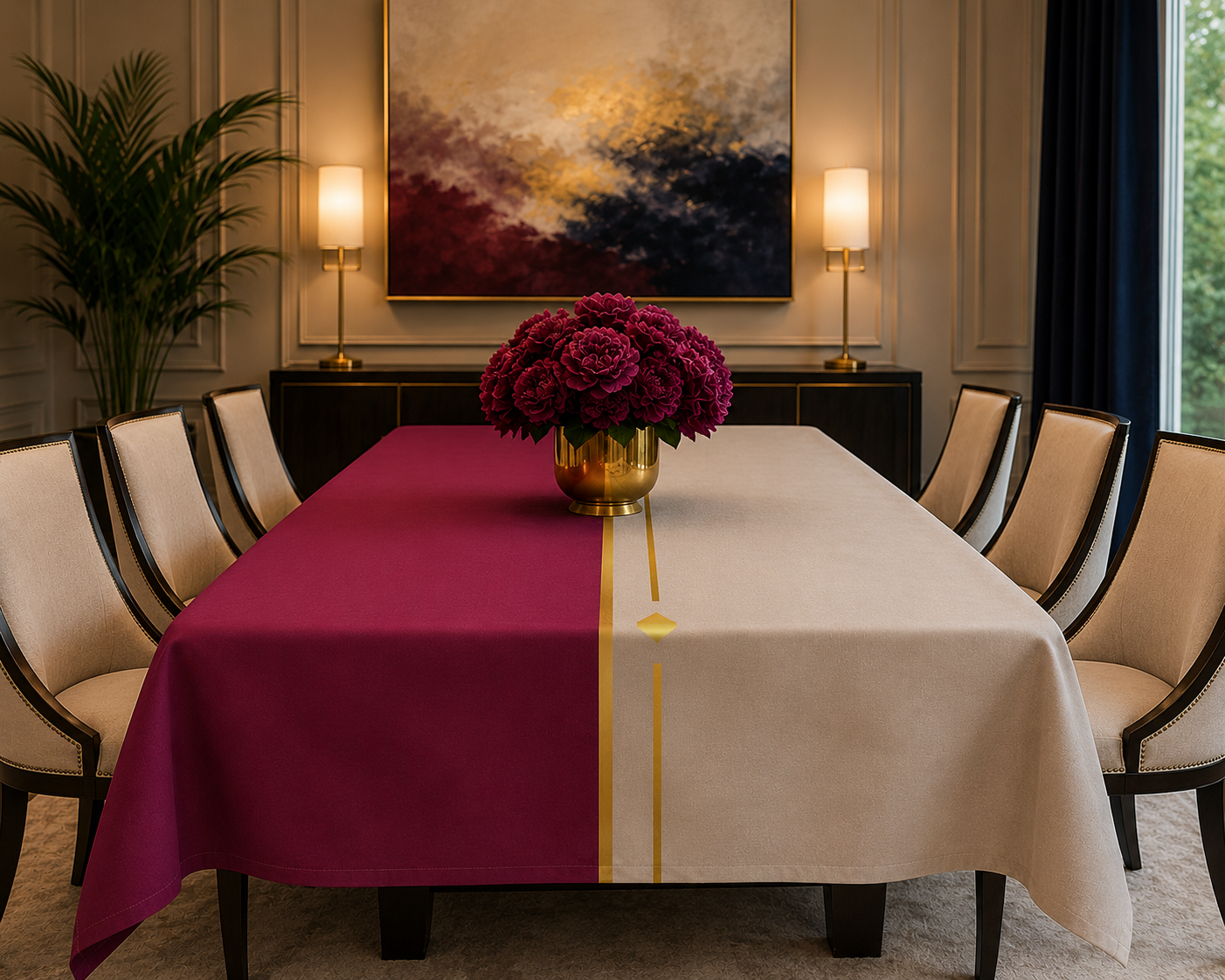 Fuchsia & Taupe Haven Elegant Gold-Striped Tablecloth