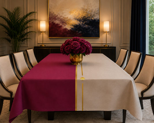 Fuchsia & Taupe Haven Elegant Gold-Striped Tablecloth