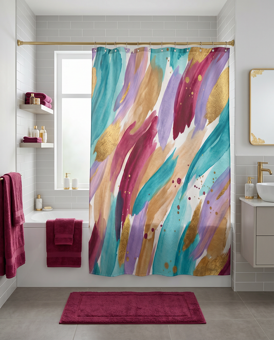 Abstract Watercolor Brushstroke Shower Curtain — Turquoise, Gold & Berry Bath Decor