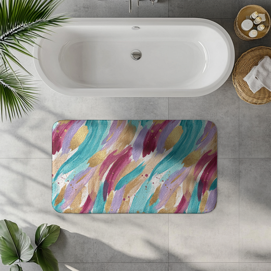 Abstract Watercolor Brushstroke Bath Mat — Teal, Gold & Berry Bathroom Rug