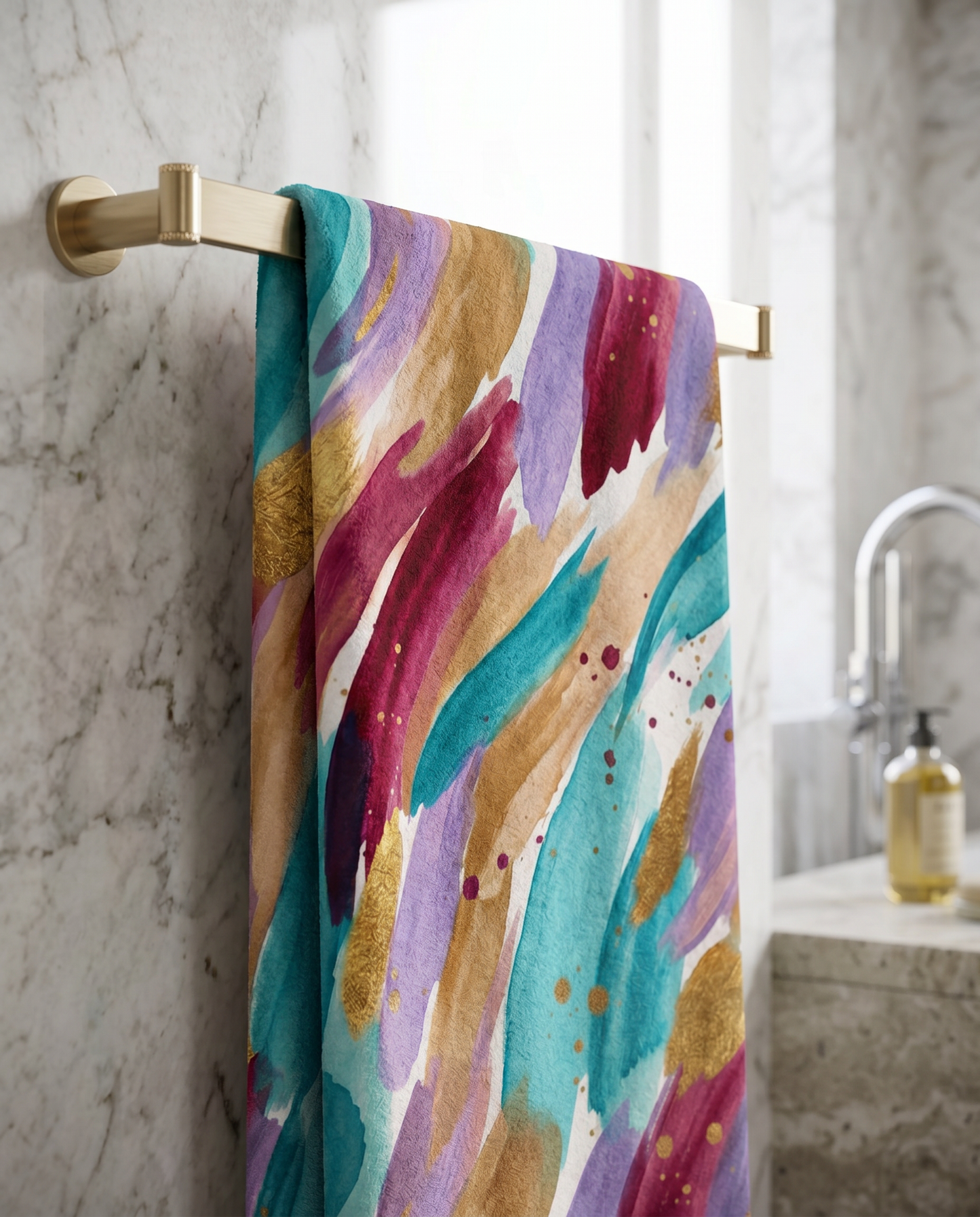 Abstract Watercolor Brushstroke Beach Towel — Teal, Purple & Gold Spa Towel
