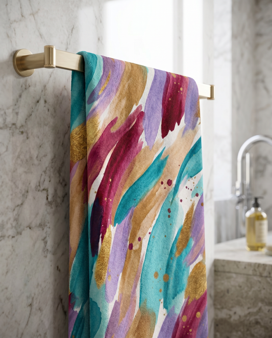 Abstract Watercolor Brushstroke Beach Towel — Teal, Purple & Gold Spa Towel