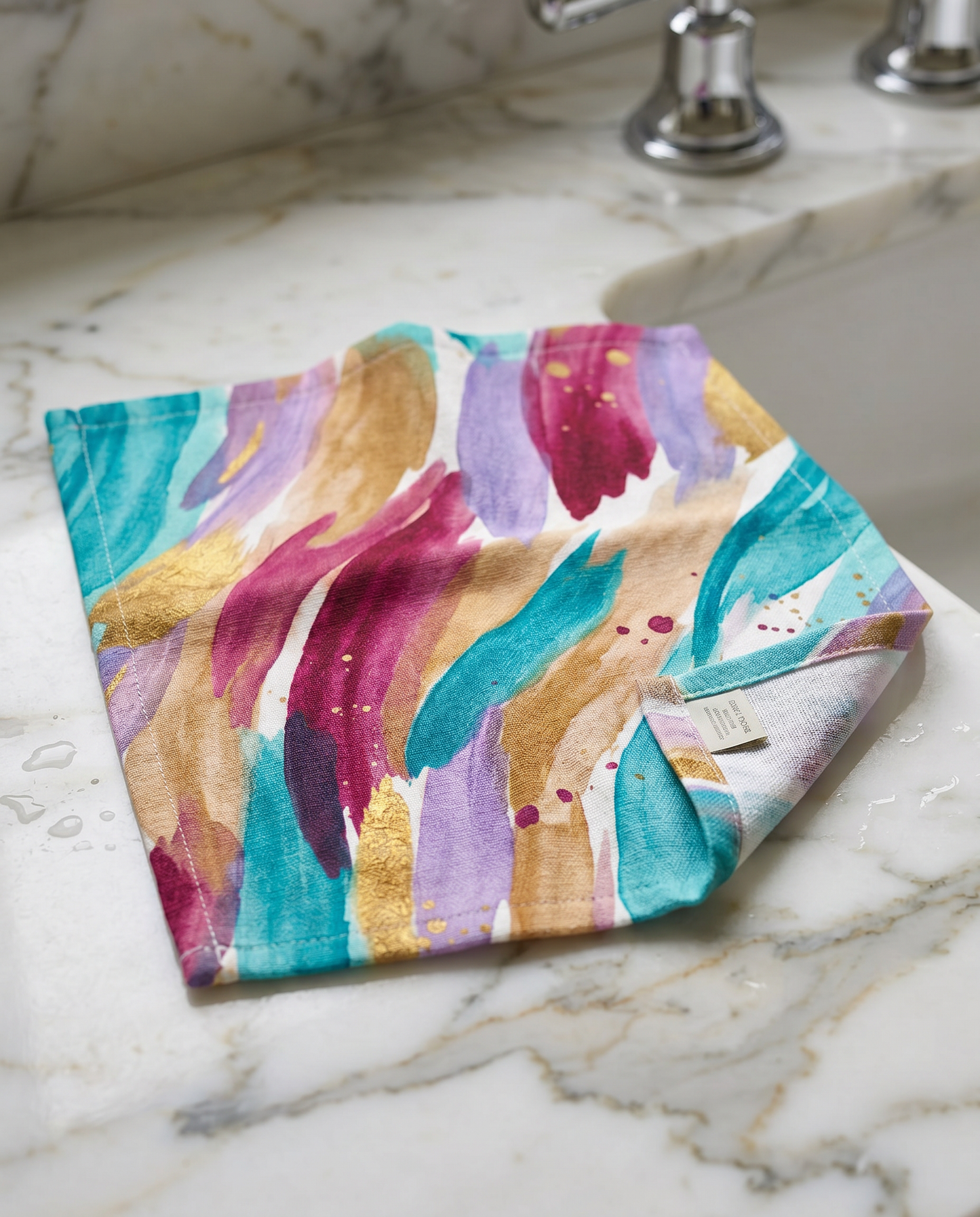 Abstract Watercolor Face Towel — Teal, Purple & Gold Brushstroke Pattern