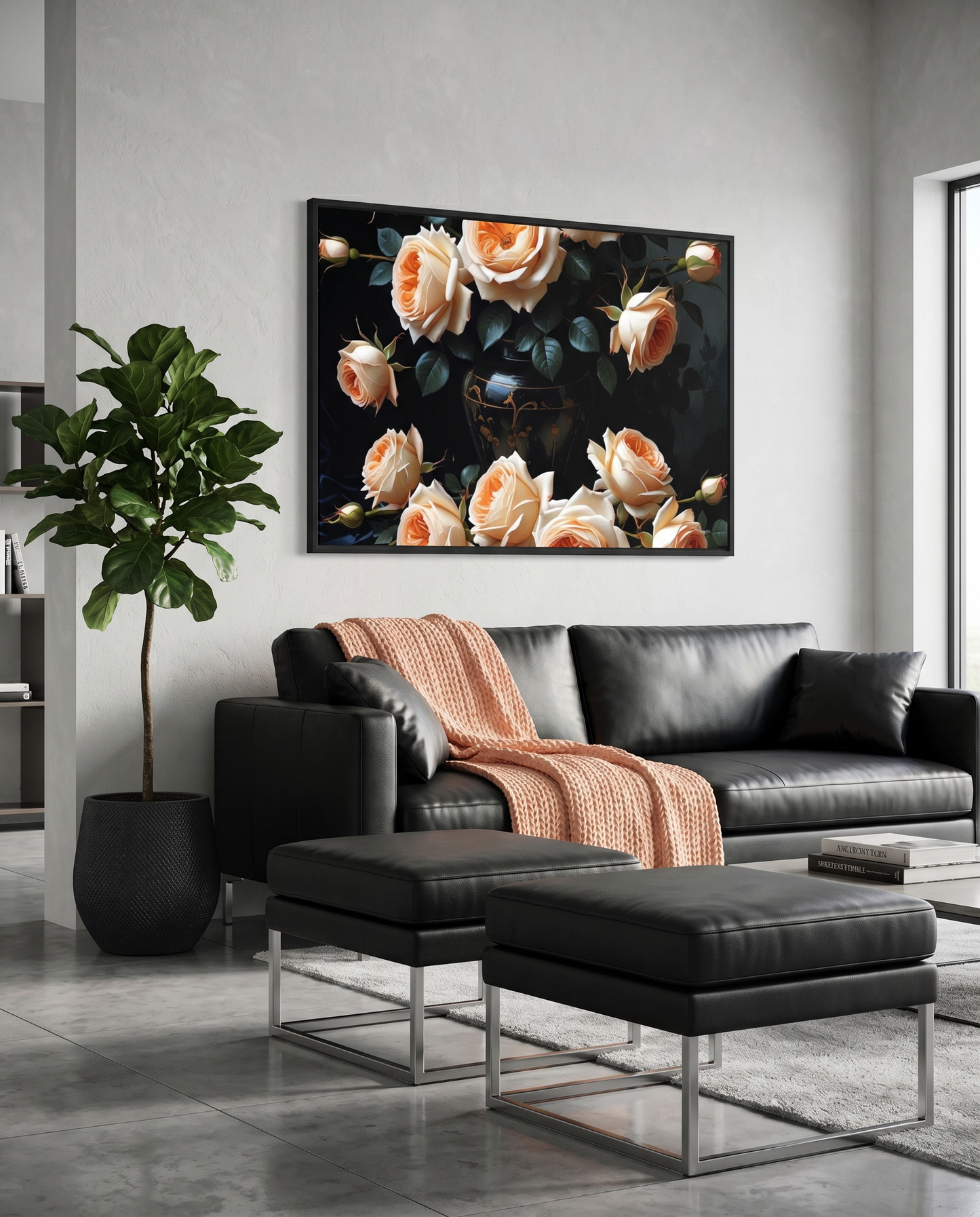 Peach Roses in Black Vase Floral Framed Matte Canvas Print