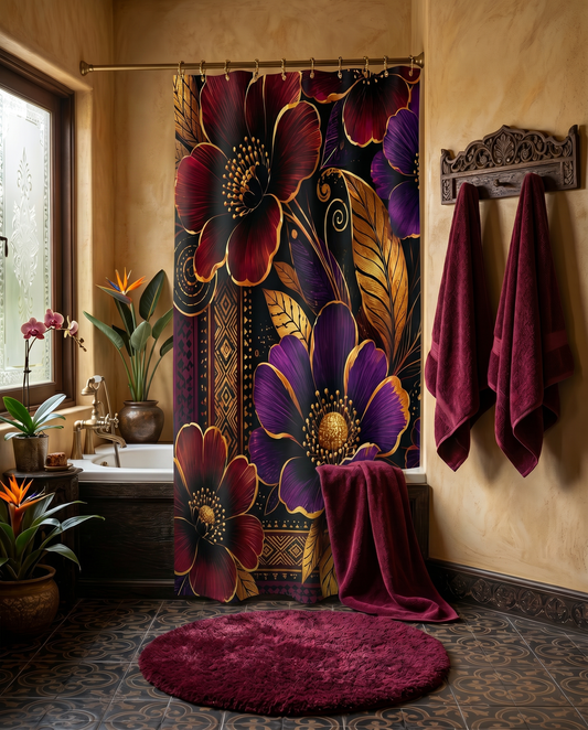 Zuri Garden Shower Curtain – African-Inspired Floral Bathroom Decor in Burgundy, Gold, Black & Purple