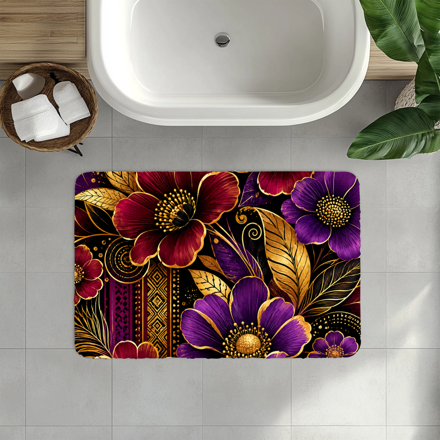 Zuri Garden Bath Mat – Plush Non-Slip Floral Bath Rug in Burgundy, Gold, Black & Purple