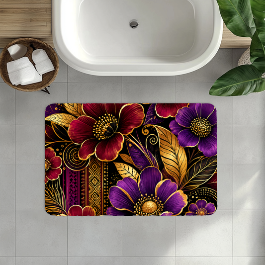 Zuri Garden Bath Mat – Plush Non-Slip Floral Bath Rug in Burgundy, Gold, Black & Purple