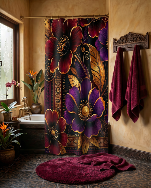 Zuri Garden Shower Curtain – African-Inspired Floral Bathroom Decor in Burgundy, Gold, Black & Purple