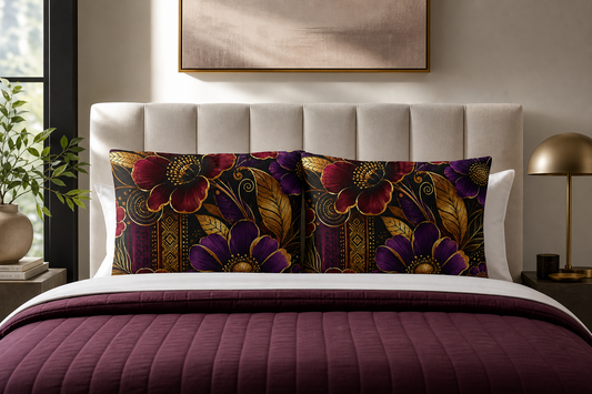Zuri Garden Luxe Pillowcase — Purple & Gold Botanical Microfiber