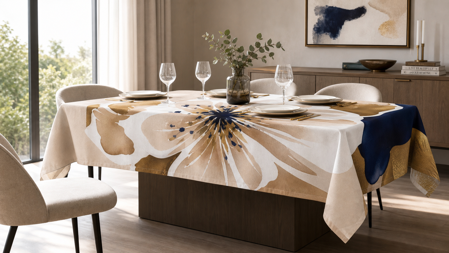 Floral Gold & Navy Tablecloth - Dining Linen