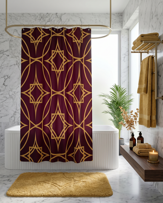 Gilded Geometric Shower Curtain — Burgundy & Gold Art Deco Bath Curtain