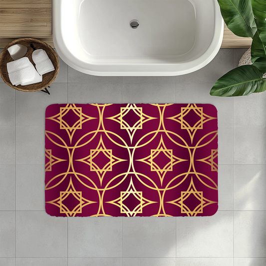 Gilded Geometric Bath Mat — Burgundy Moroccan Pattern