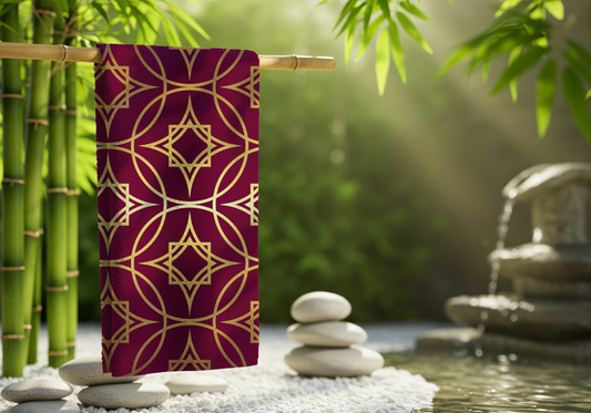 Gilded Geometric Beach Towel — Burgundy & Gold Moroccan Pattern