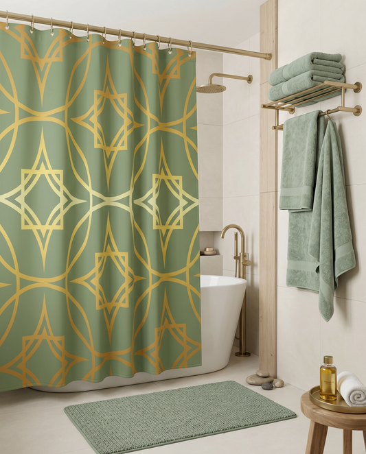 Gilded Geometric Shower Curtain — Sage Green & Gold Bath Décor