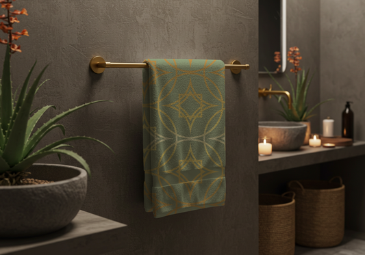 Gilded Geometric Beach Towel — Sage & Gold Star Pattern