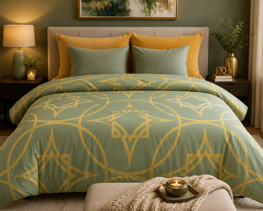 Gilded Geometric Star Pattern Comforter - Sage Green & Gold Bedding