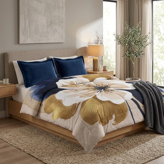Floral Gold & Navy Comforter – Large Watercolor Blossom Bedding