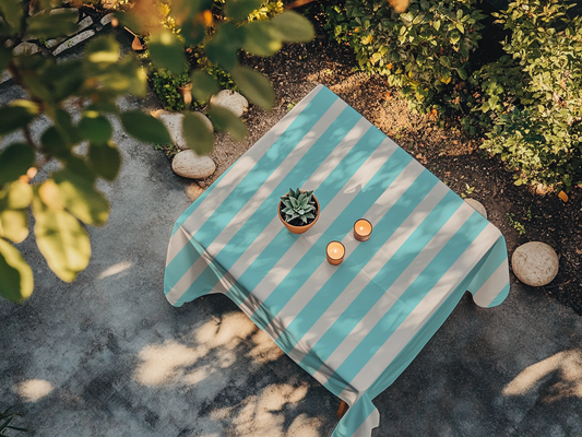 Striped Aqua Tablecloth — Coastal Blue & White Stripe Dining Table Cover